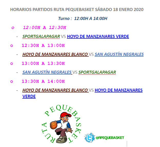 HORARIOS PARTIDOS RUTA PEQUEBASKET SÁBADO 1 febrero 2020